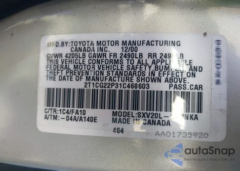 2001 Toyota Camry Solara Se from USA, damaged, VIN 2T1CG22P31C468603